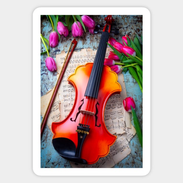 Baroque Violin And Pink Tulips Sticker by photogarry
